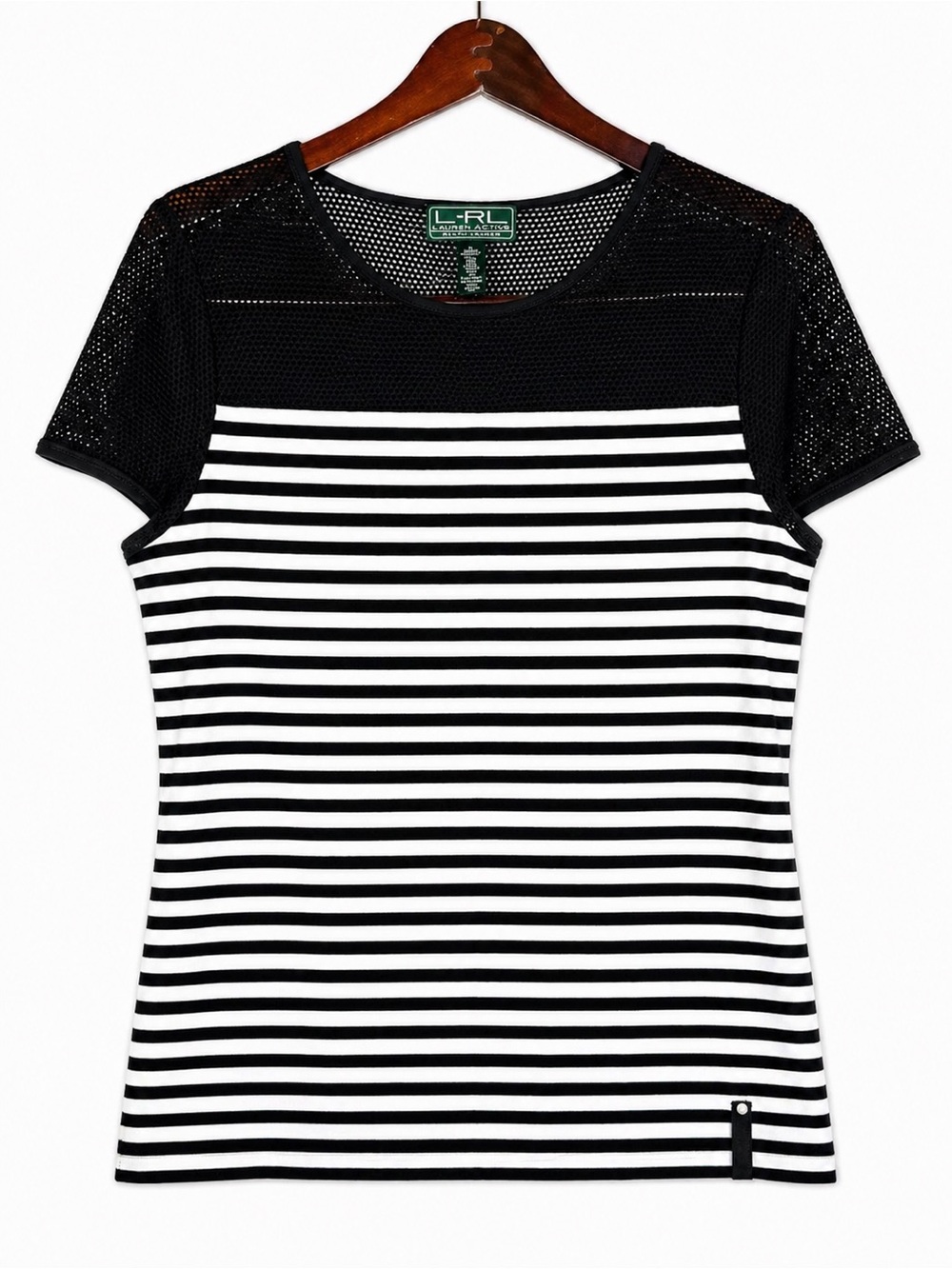 LRL Lauren Active Mesh Stripe Top Black White Nautical Sporty Tee